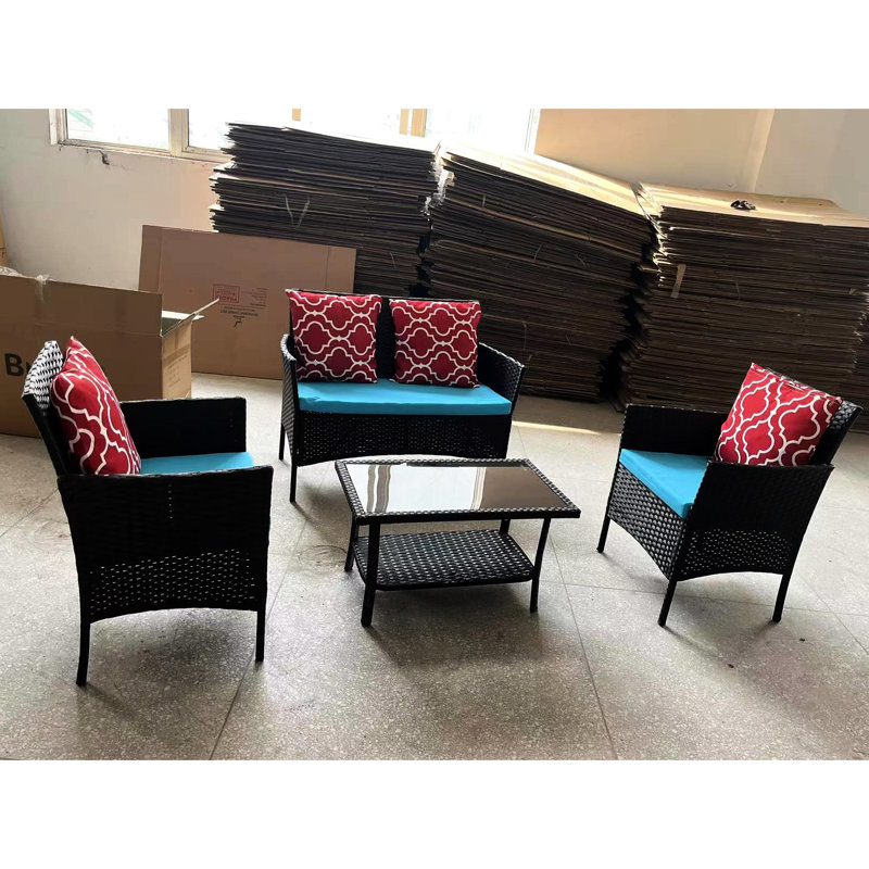 Jardin pour 4 personnes avec coussins et table en verre trempé -, Facile à assembler, Coussins d'extérieur élégants, Pour porche