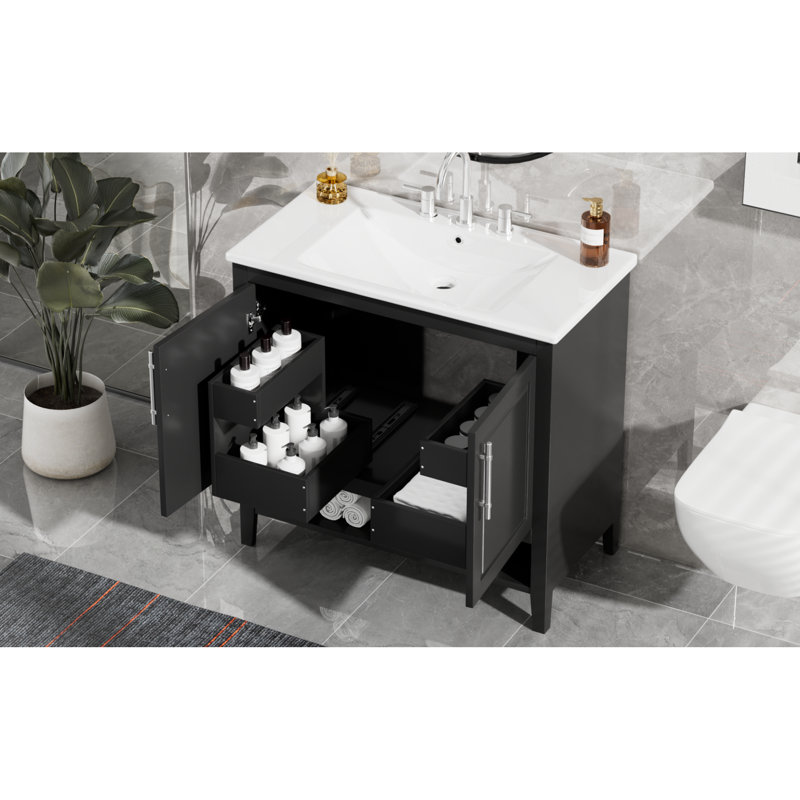 De salle de bain et lavabo noir: cadre solide, armoire en MDF avec portes et tiroirs