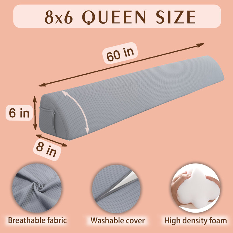 Emmyrose Bed Wedge Pillow Headboard Gap Filler Gray, Queen