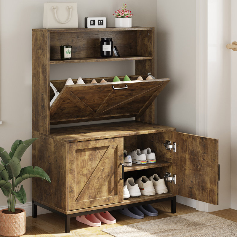  Wooden Shoe Cabinet With Flip Drawer And Doors, Narrow Shoe Rack Organizer Cabinet For Classified Storage, Farmhouse Shoe Storage Cabinet For Entryway, Living Room (Brown)