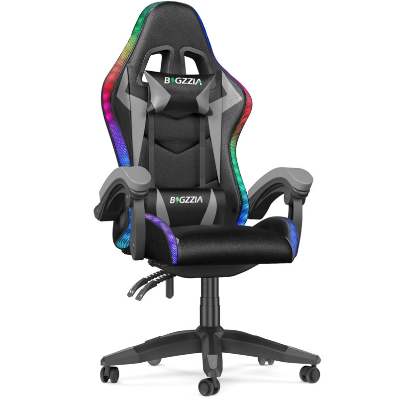 Reclining Gaming Chair with LED Lights and Headrest, Black/Grey