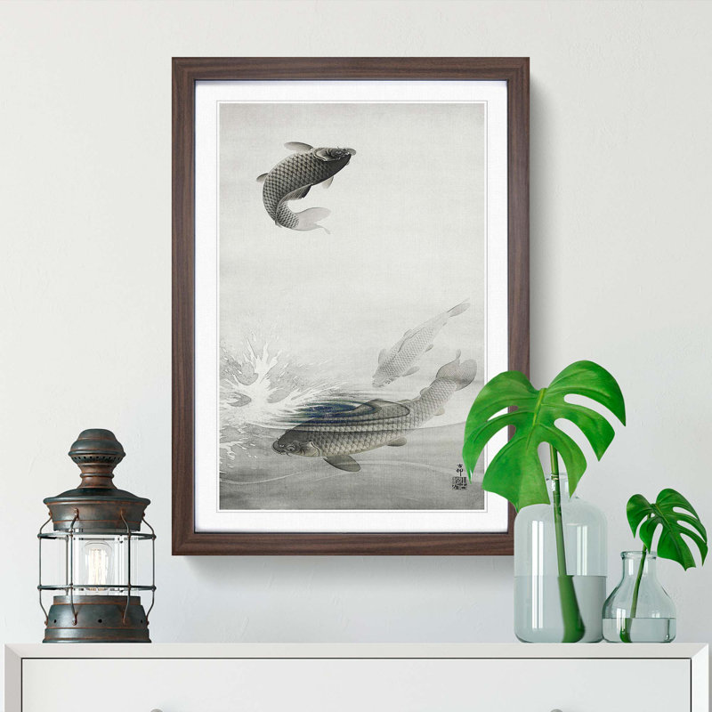 Three Carp Fish by Ohara Koson - Picture Frame Painting Print, 36cm H x 27cm W x 2cm D, Walnut Framed