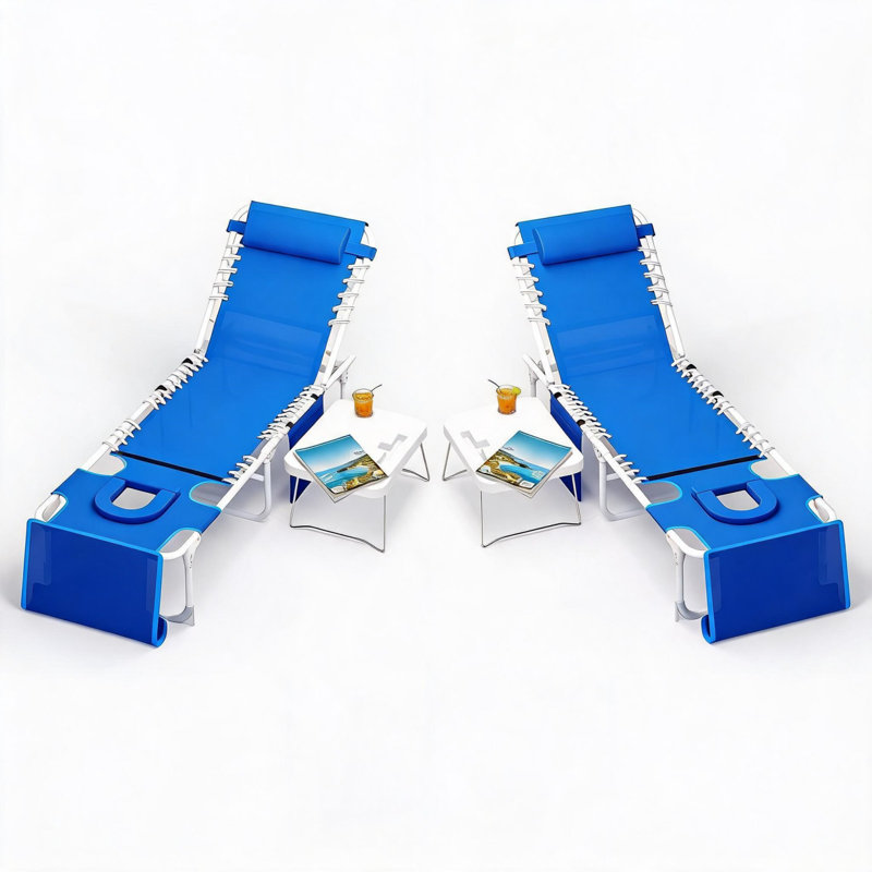 Ensemble de 2 fauteuils de bronzage avec trou pour le visage 3-en-1, chaise longue de plage 5 positions avec table d'appoint, capacité de 330 lb - bleu