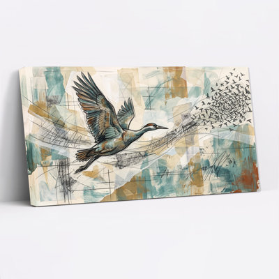 Blue Crane Bird Flying Abstract Teal And Tan Collage Style Canvas Wall Art