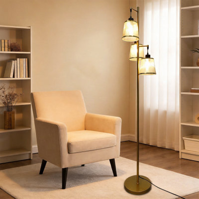 3-light Tree Floor Lamp, Dimmable Standing Lamp With Gold Metal Frame & Mesh Fabric Shades For Living Room, Bedroom (bulbs Included)