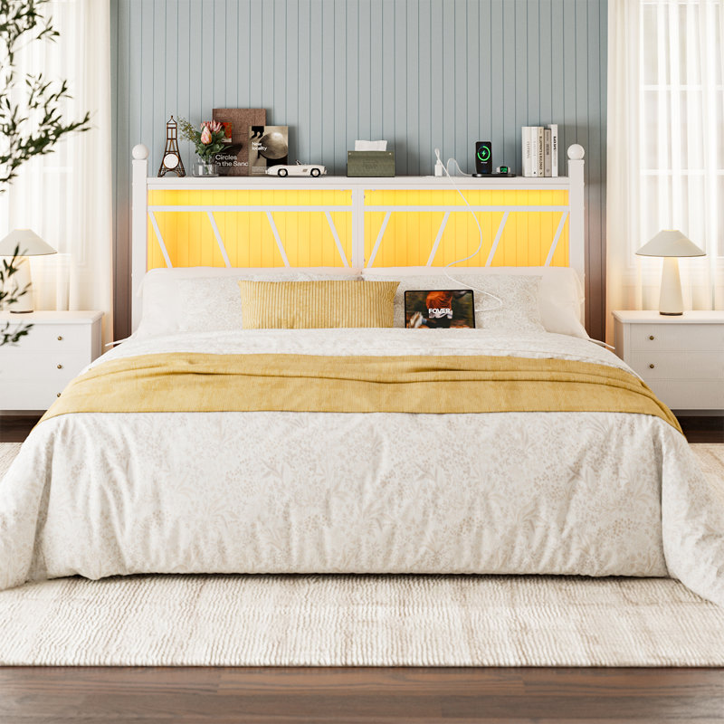  Metal Headboard For King Size Bed With Storage, 60,000 Diy Color Of Led Lights, Head Board With Charging Station, Modern Freestanding Headboard Only, Easy Assembly, White