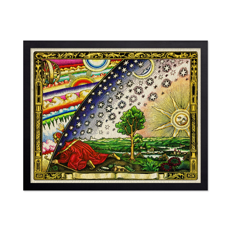 Flammarion gravant une carte de la terre, Cadre noir, Affiche, H 08 po x l 10 po