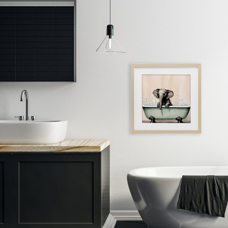 «Baby Elephant Bathtime», reproduction encadrée sous verre, conception de Sasha, Cadre de récolte en pin, H 16 po x l 16 po