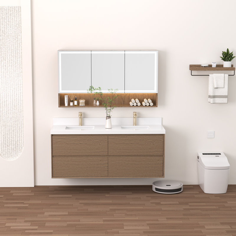 Meuble-lavabo double 60 po avec comptoir en quartz blanc et lavabos, 60