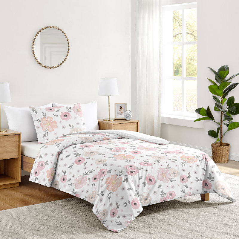 Watercolor Microfiber Comforter Set, Twin Comforter + 1 Standard Sham, White/Blush Pink/Gray