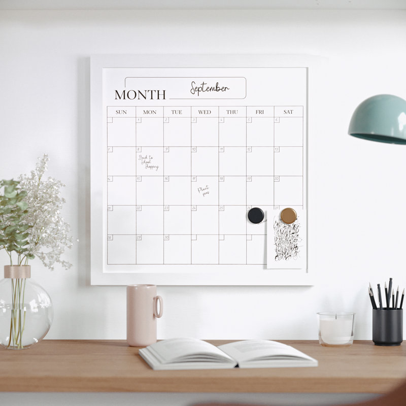 White Woodgrain Magnetic Monthly Dry Erase Calendar with Marker and Magnets
