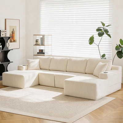 130" U-Shaped Modular Sectional Sofa with Chaise, Boneless Corduroy Flexible Module Seating for Living Room,Cloud Couch with Cup Holders and Side Pockets,No Assembly (White)