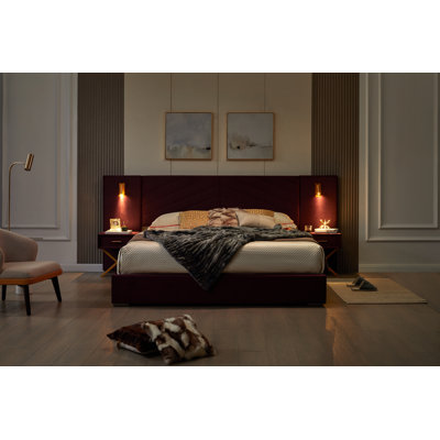 Lit plateforme tapissier en velours avec tête de lit à oreilles, tables de chevet intégrées, lumières à DEL et lattes de bois robustes, aucun sommier nécessaire
