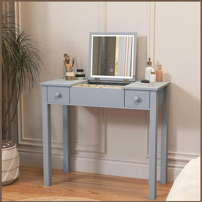 Élégante coiffeuse grise avec lumières DEL, miroir rabattable et 2 tiroirs, rangement pour femme