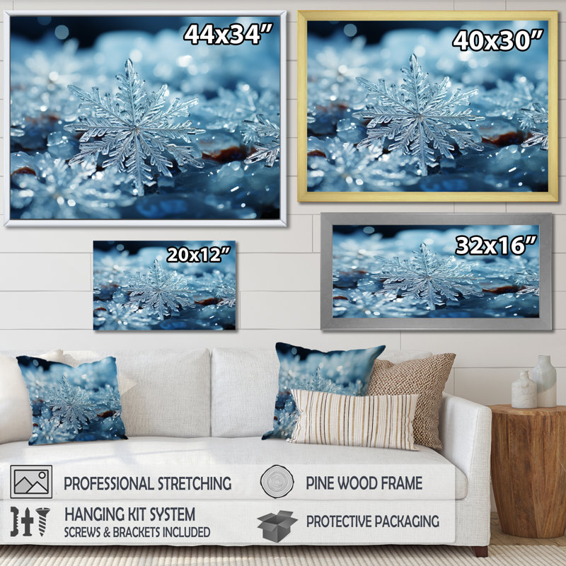 «Sunrise Snowflake Tranquility V - Winter Landscape», art mural, Cadre flottant blanc, H 16 po x l 32 po x P 1 po