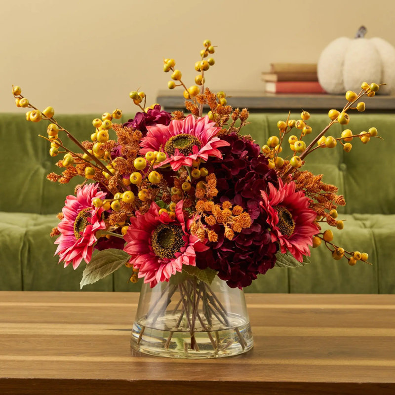 Fall Sangria - Mauve Pink Sunflower, Wine Hydrangea, Golden Hawthorn Berry & Rust Mini Cone Water Illusion Fall Floral Arrangement
