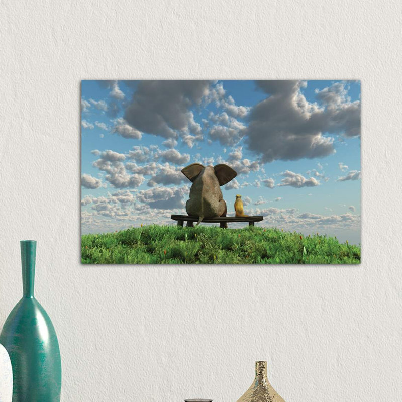 Elephant And Dog Are Sitting On A Meadow by Mike Kiev - Wrapped Canvas Print, 66.04 cm H x 45.72 cm W x 1.91 cm D