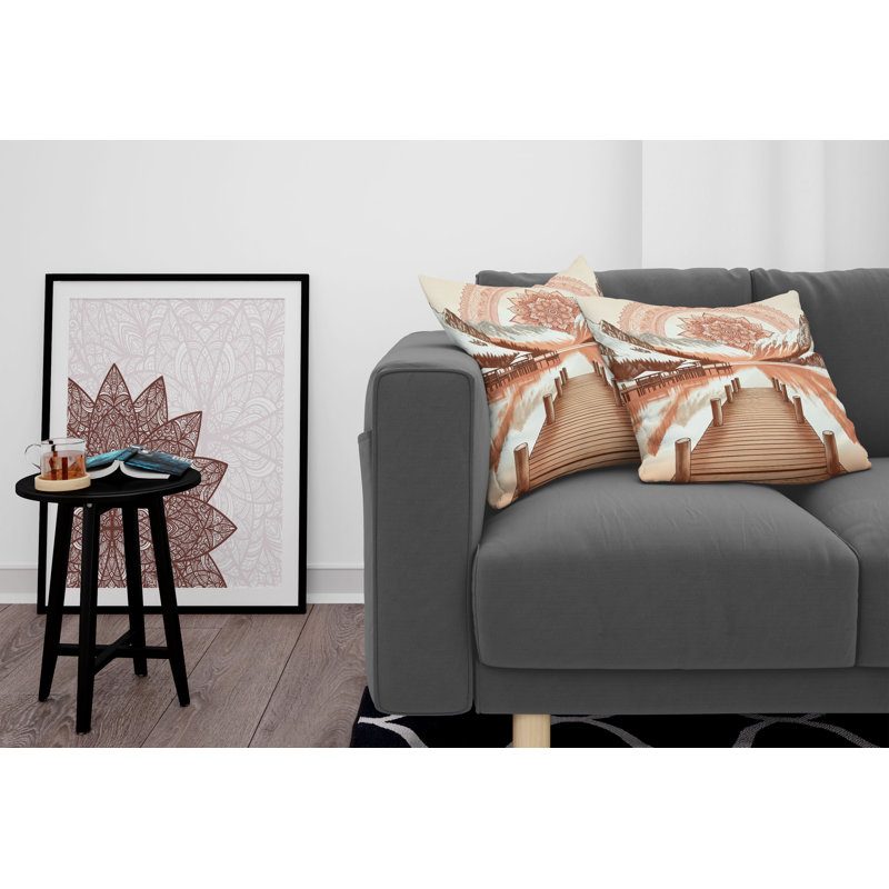 Salmon Redwood and Dark Rust Lake Mandala Reversible Throw Pillow Set
