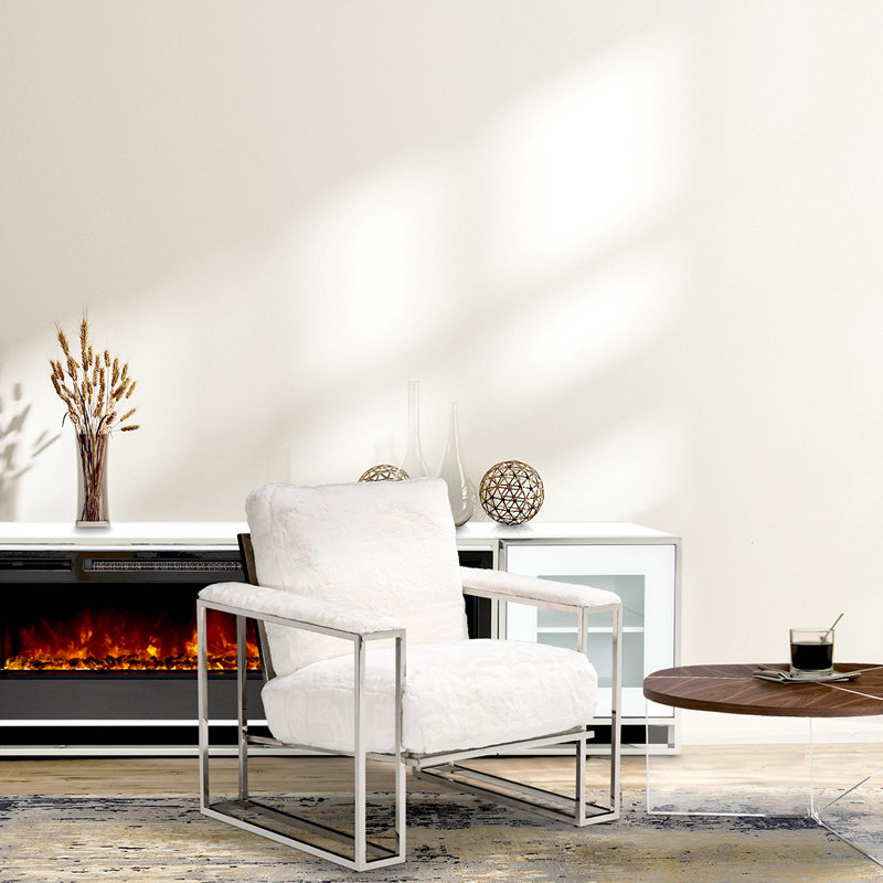 Astro 35.75'' White Contemporary Metal Faux-Fur Accent Chair