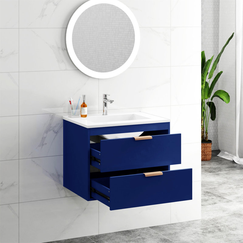 Ensemble de meuble-lavabo mural flottant avec lavabo en céramique blanche et tiroir Ronnasia