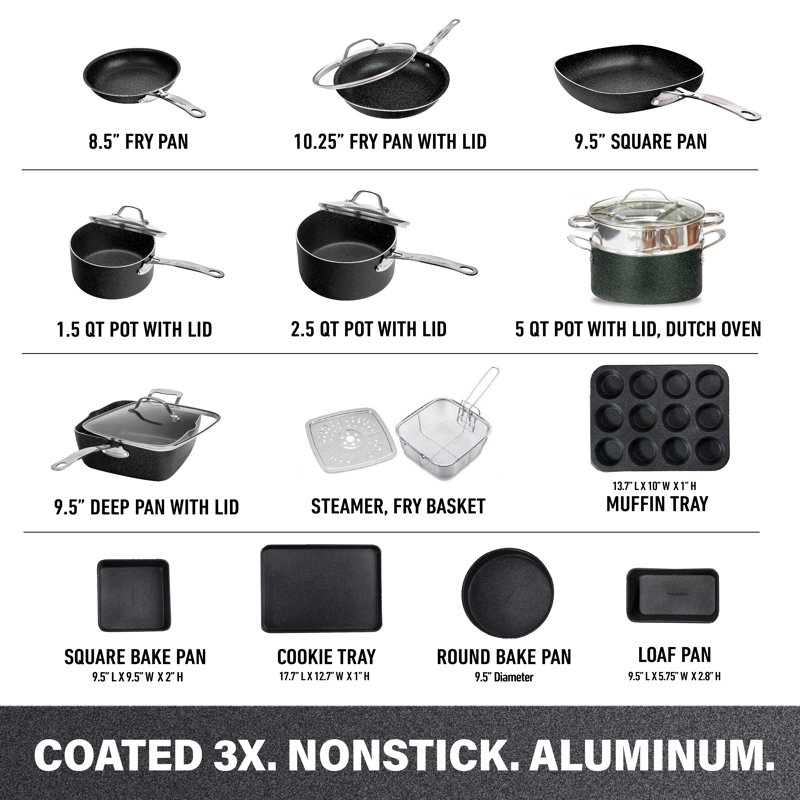 Blue 20 Piece Aluminum Non Stick Cookware & Bakeware Set with Ultra Nonstick Surface, Oven & Dishwasher Safe, Gray