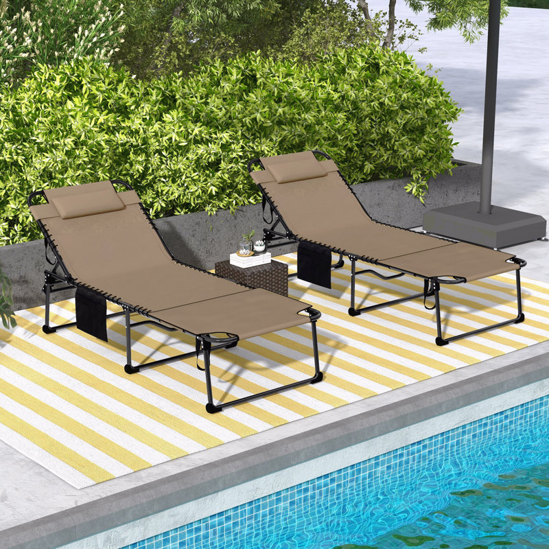 2 Piece Folding Chaise Lounge With 5-Level Reclining Back, Outdoor Tanning Chair With Reading Face Hole, Outdoor Lounge Chair With Side Pocket & Headrest For Beach, Yard, Patio, Beige