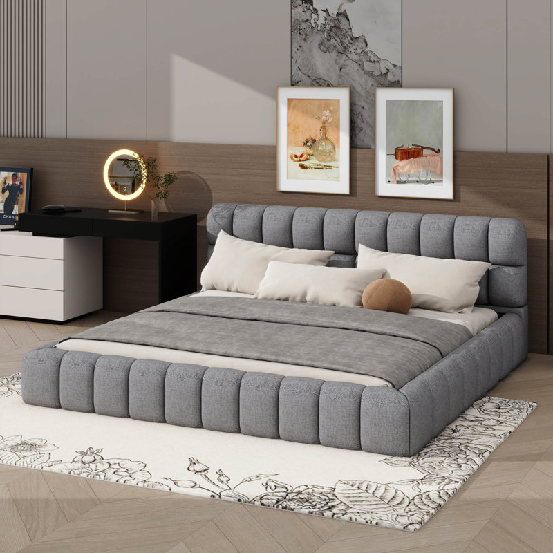 Très grand lit plateforme tapissier, lit plateforme recouvert de lin avec tête de lit solide, Gris
