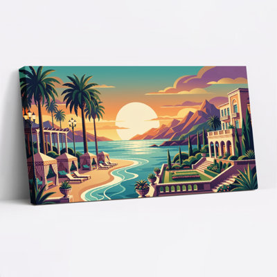 Tropical Beach Sunset With Palm Trees And Villa Canvas Wrapped Wall Art Oil Painting Print Set Of 1