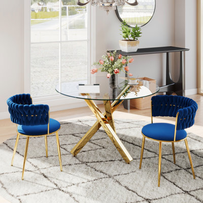 Ensemble de salle à manger rond à piédestal transparent avec fauteuil de salle à manger en velours ciel