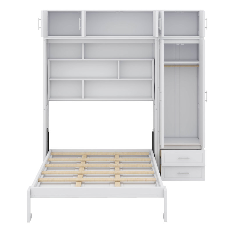 Grand lit escamotable mural élégant avec armoire supérieure, étagères et garde-robe intégrée, Blanc