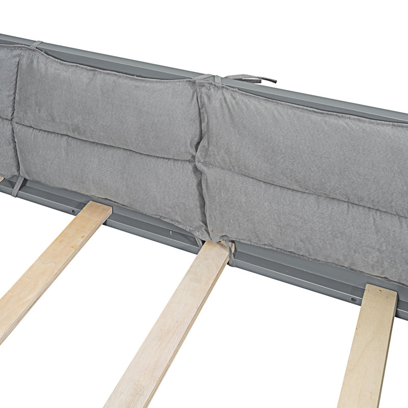 Lit plateforme tapissier en bois avec garde-corps et coussin, Gris