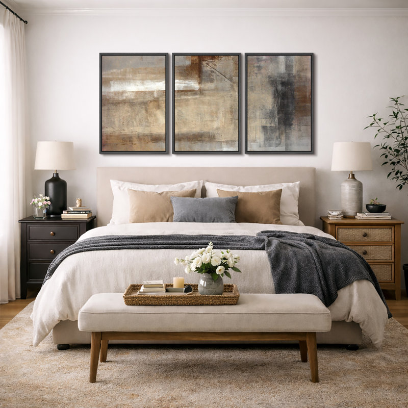 Grunge Abstract Paint Stroke Effect "Neutral Tan Brown Artwork, Rustic Living Room Wall Pictures, Large Framed Canvas Giclee Print 3 Pieces Wall Art Set" 16"x24"x3 pcs, 24"x36"x3 pcs