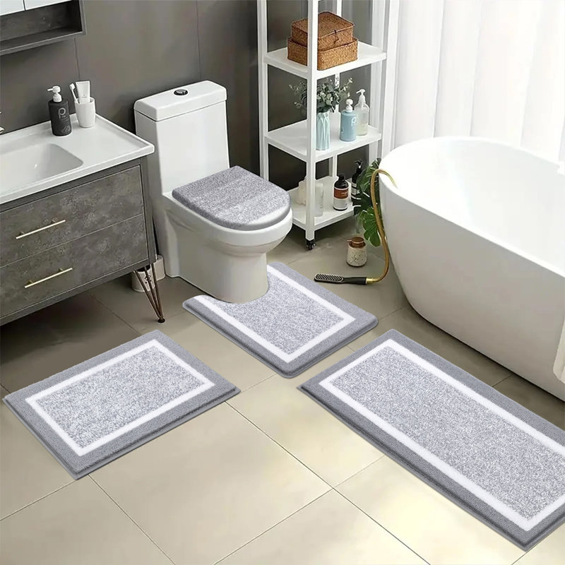 4 Piece Soft Absorbent Microfiber Bath Rug Set with Non-Slip Backing (Set of 4) — Light Gray
