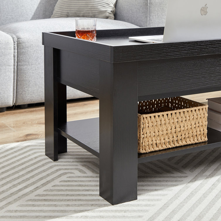 Arrik Minimalist Lift Top Coffee Table w/ Hidden Storage Compartment & Open Shelves