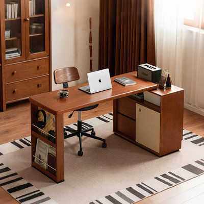 Brown L-Shaped Corner Pine Wood Desk with Open Storage Compartments & Sliding Door Cabinet