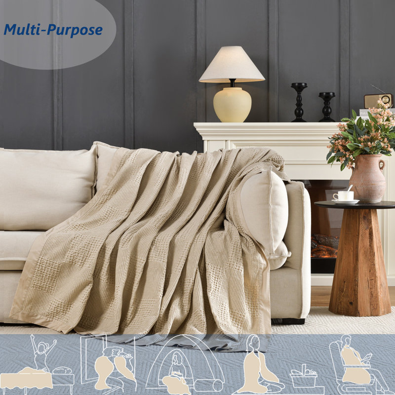 Twin Taupe and White Cotton Waffle Blanket with Sateen Binding