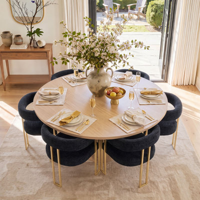 Ensemble de table de salle à manger pour 6 personnes avec table ronde unie et 6 fauteuils rembourrés en chenille