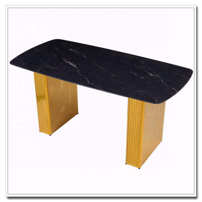 Table de salle à manger rectangulaire moderne en verre trempé avec motif en marbre