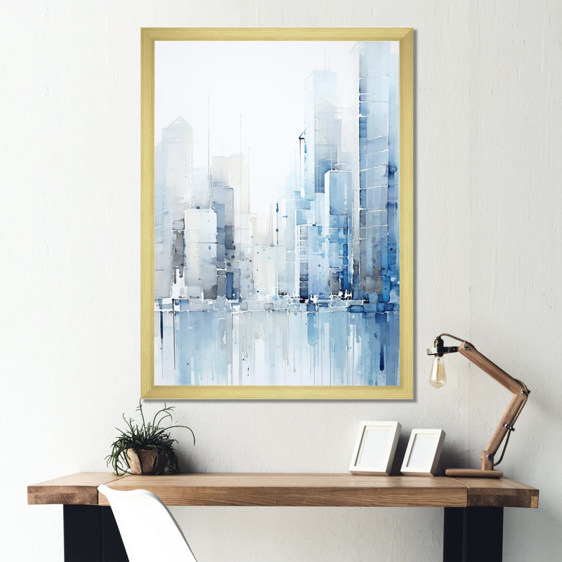 «Azure Ascent Skycrapers Harmony II - Skyscrapers», reproduction d'art sur toile, Cadre photo doré simple