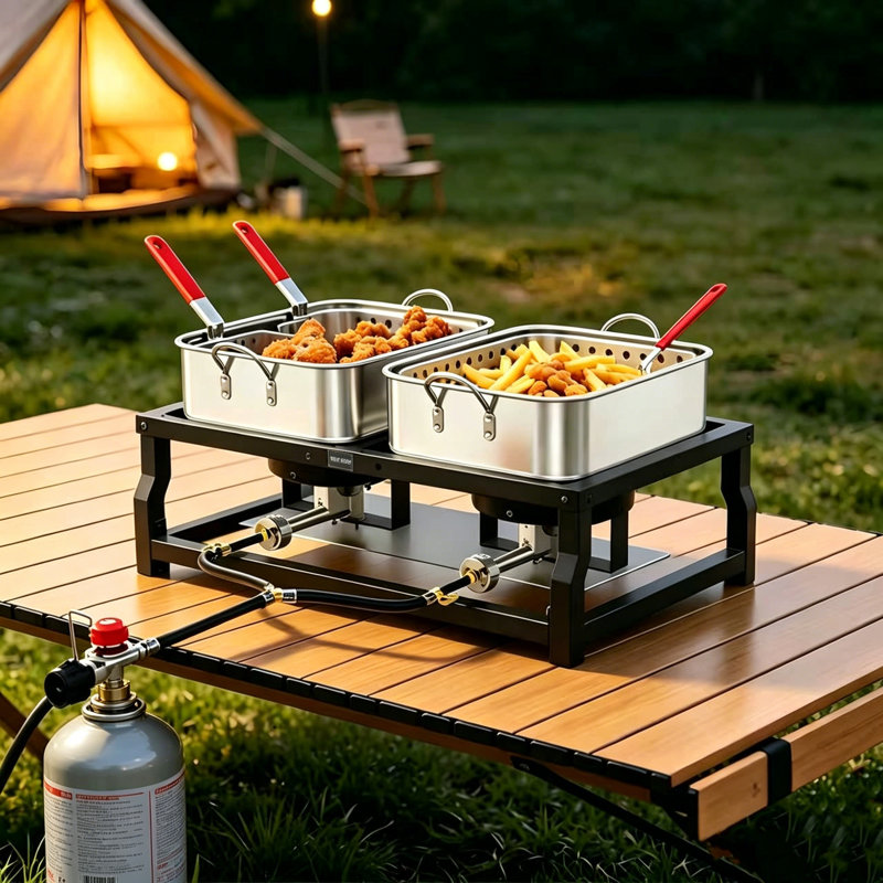 Double Burner Propane Gas Cooker, 100,000BTU Outdoor High-Pressure Burner with 0–10 PSI Regulator for Camping, Frying, Boiling Home Brewing