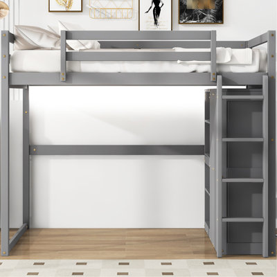 Lit mezzanine double en bois avec garde-robe, tablettes, éclairage de bougie à DEL de couleur grise