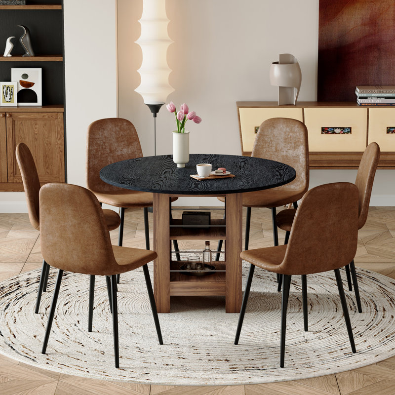 Table de salle à manger 42 "Mid-Century, 7 pièces : table, 6 chaises, Noir, Brun