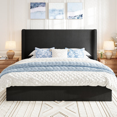Hydraulic Lift Up Storage Platform Bed, Upholstered In Corduroy,No Spring Box Needed