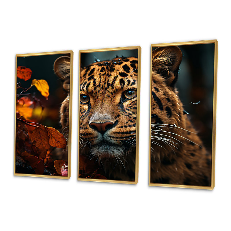 Photo de léopard en automne II - art mural léopard / guépard, Cadre flottant doré, H 40 po x l 61 po