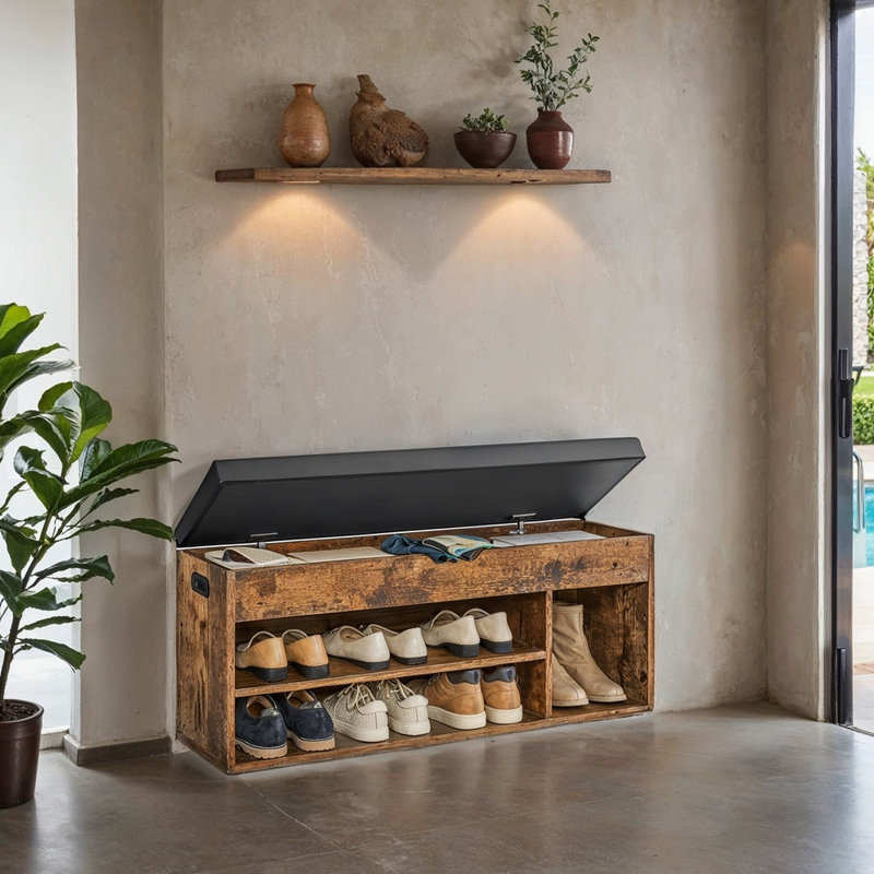 6 Pair Shoe Storage Bench, Rustic Brown/Ink Black, 17.3" H x 39.4" W x 11.8" D