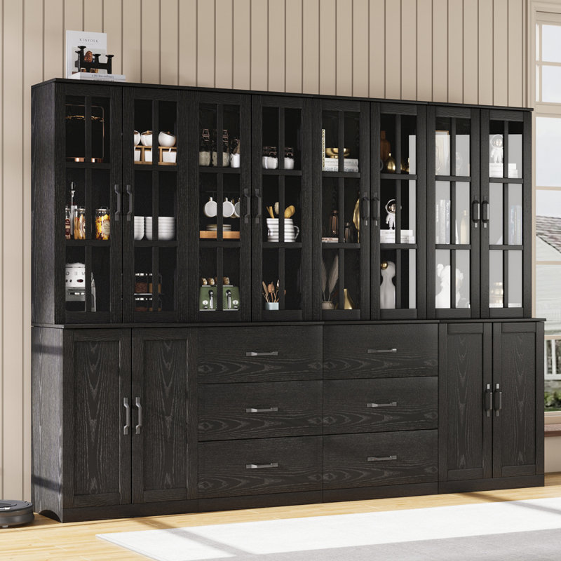 71" H X 126" W Bookcase Cabinet With Glass Doors And Large Storage Drawers(2C+2D+E), Black