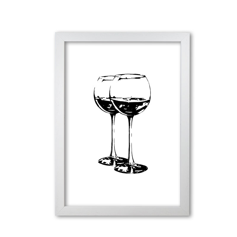 Black Wine Glasses - Print, White Grain Frame, 30 cm H x 21 cm W x 5 cm D