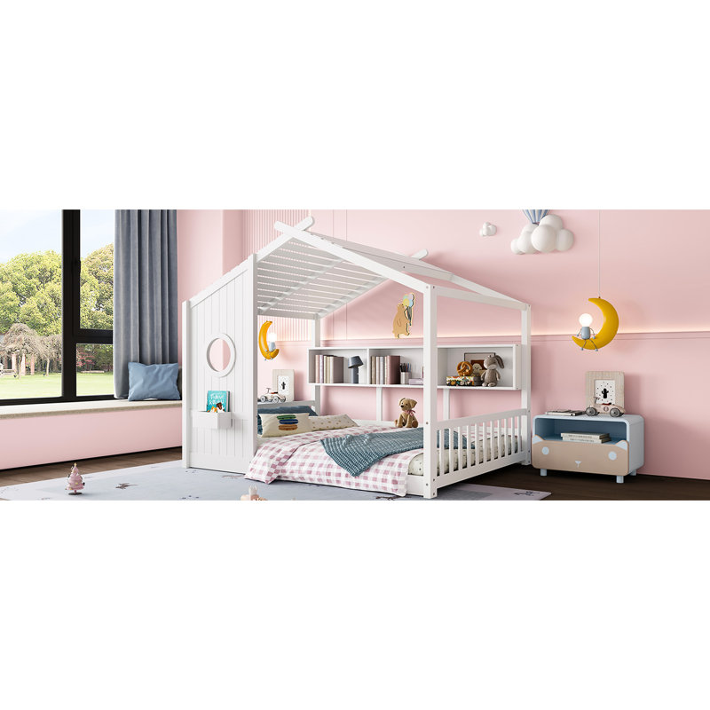 Full Size Floor House Bed For And , With Storage Shelf, Playhouse Roof Design, White, Pinewood Frame, Semi - Enclosed Space Better Sleep Bed, Style White A Comfortable Night