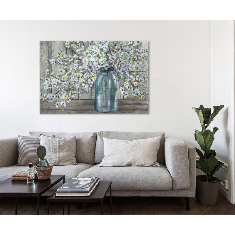 «Cherry Blossoms In A Mason Jar: Crackled Barn Wood», reproduction d'art sur toile tendue, H 12 po x l 18 po x P 1,5 po