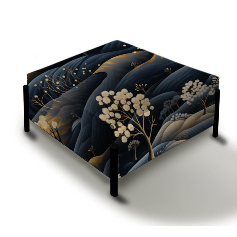 Grand repose-pieds carré bleu foncé scandinave à motif floral foncé